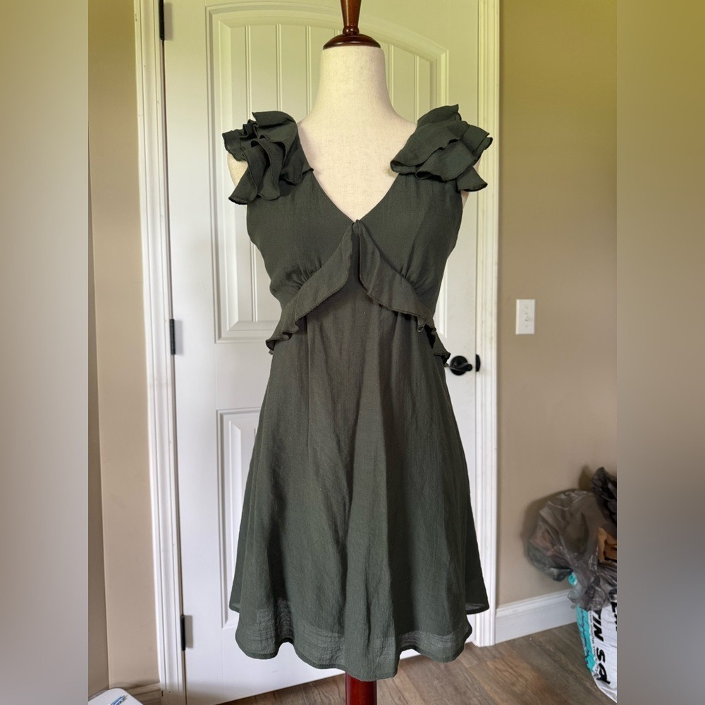MI AMI Olive Green Ruffle V Neck Open Back Tie Mini Dress Women's Size S